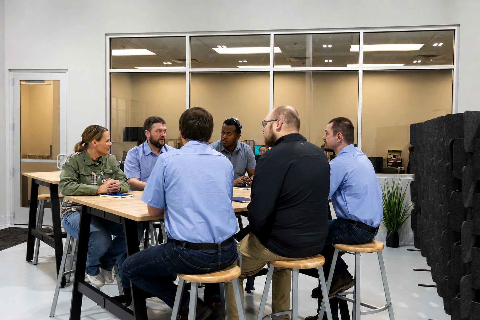 Velosity employees gather around a table